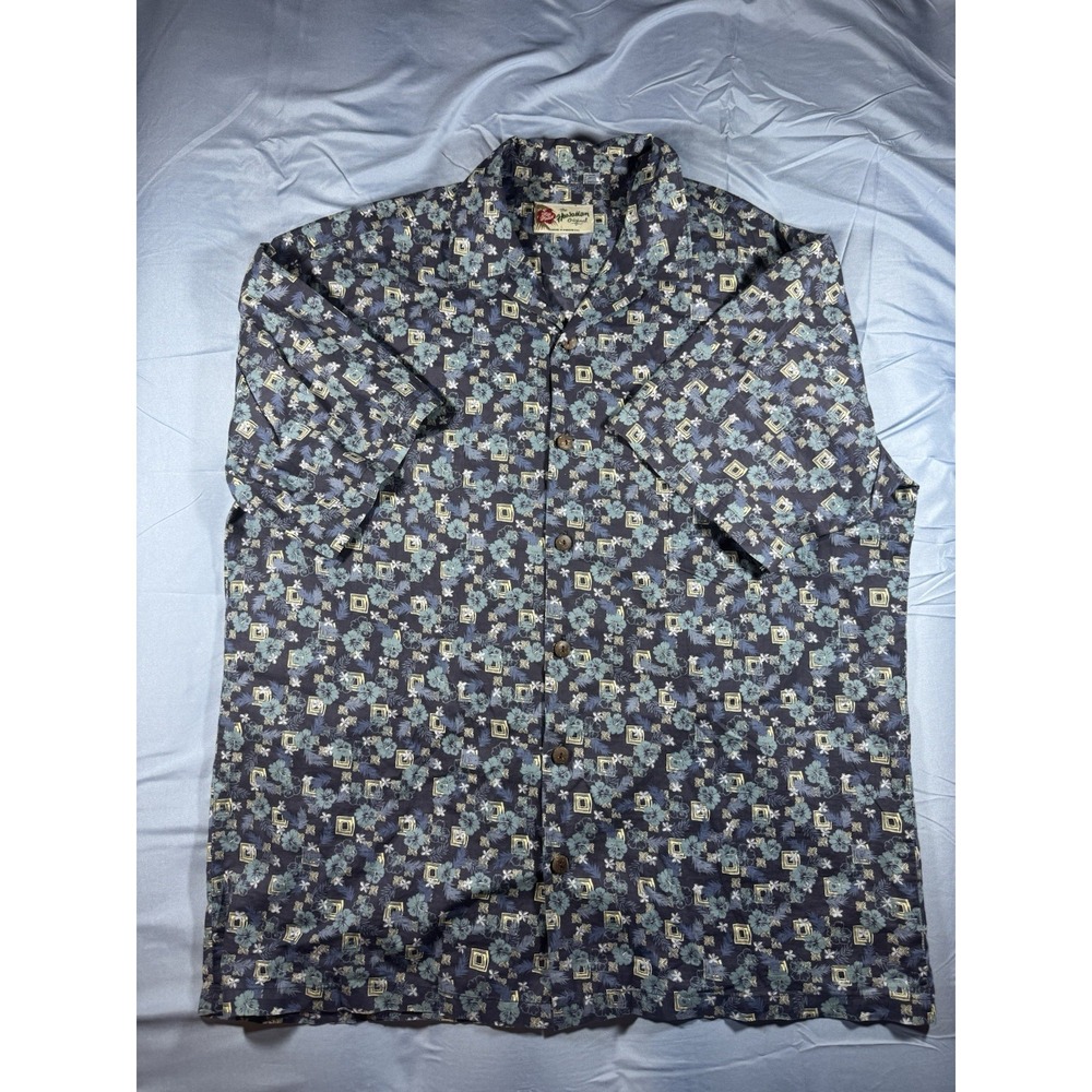 Hilo Hatties Men's Blue Floral Hawaiian Short Sleeve Button Up Shirt Size Large